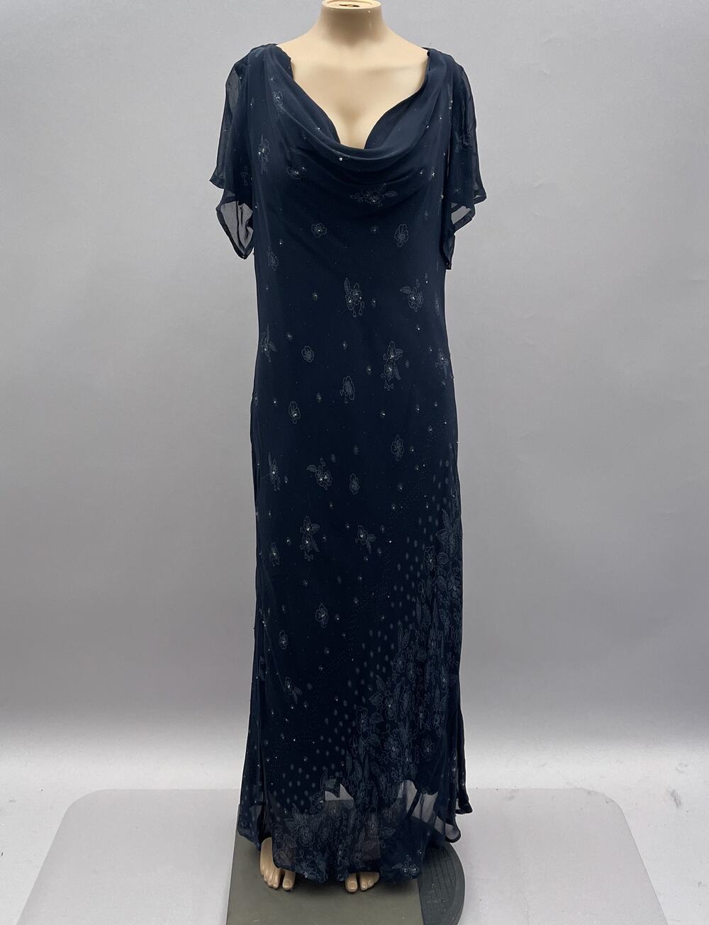 CDC Evening Vtg Dress Women 16 Floral Navy Maxi Slip Cowl Beads Whimsygoth Fairy